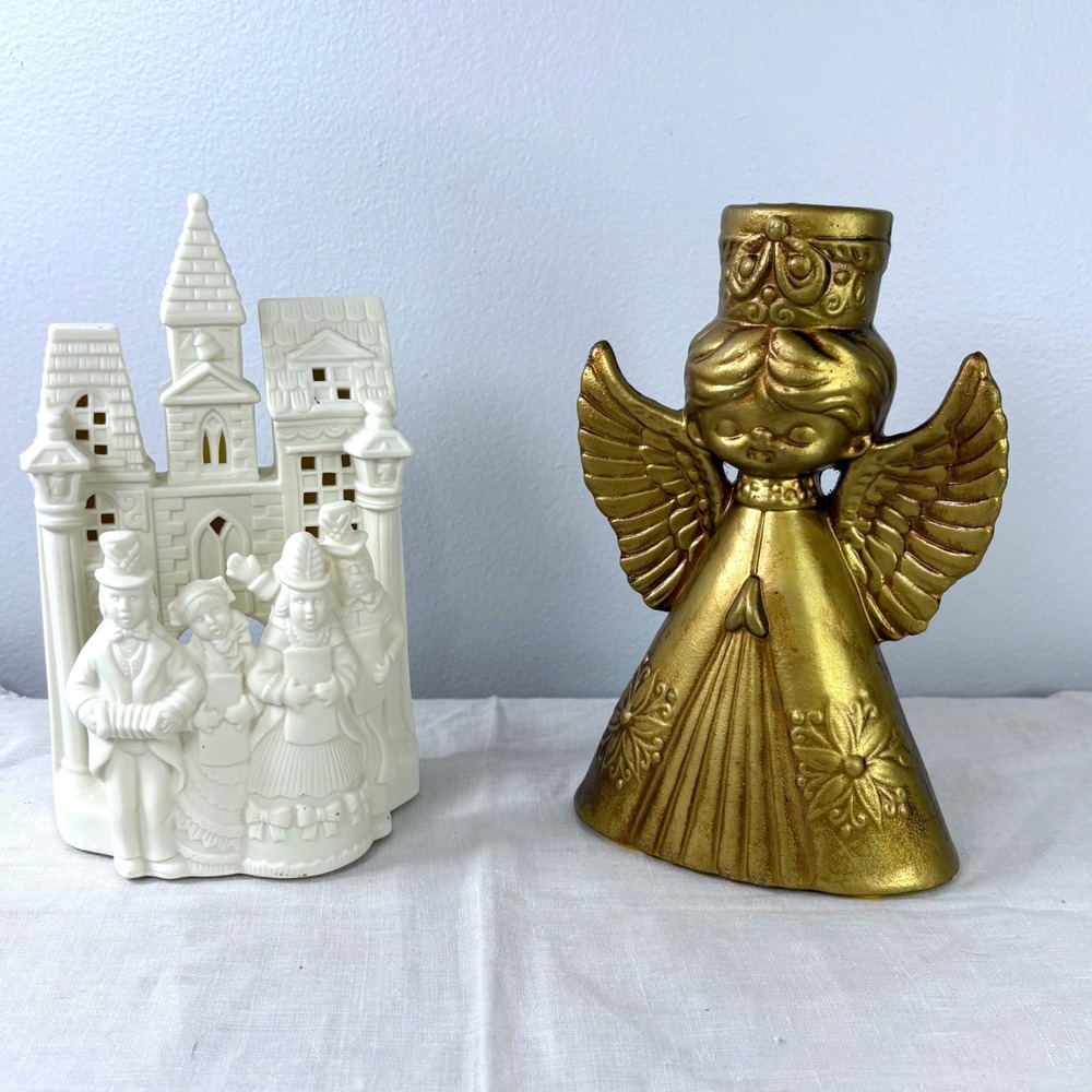Vintage PartyLite White‎ Bisque Carolers & Gold Ceramic Angel Candle Holder Set